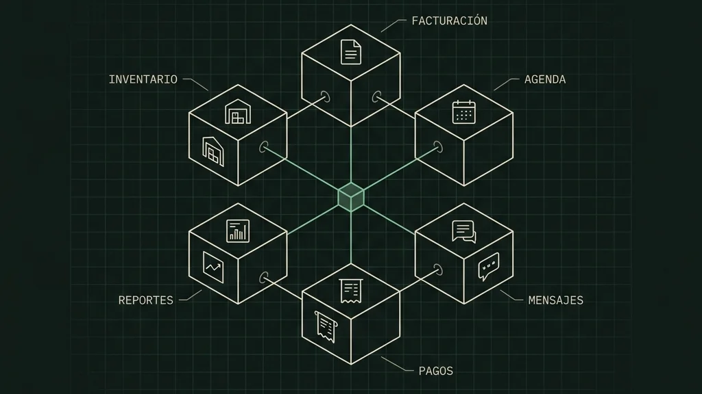Blueprint isométrico mostrando los flujos operativos de un negocio interconectados: inventario, facturación, agenda y cobranza, todos como módulos de un sistema único.